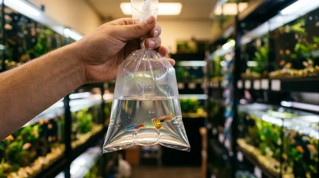 Saquinho de peixe segurado na loja, metade de água e metade de ar