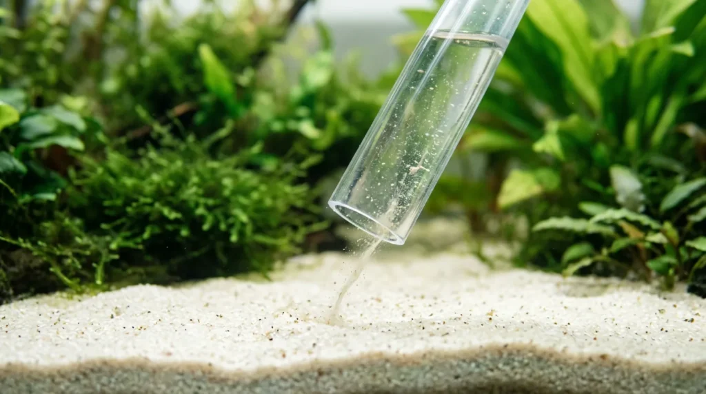 Tubo do sifão passando acima da areia, sem enterrar, para não sugar o substrato
