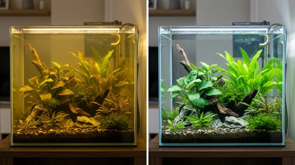 Comparação entre luz amarelada e luz branca neutra sobre o mesmo aquário