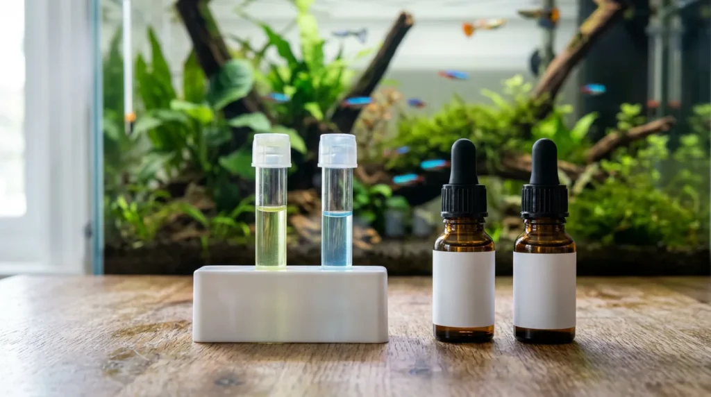 Teste de água mostrando os frascos de amônia e nitrito ao lado do aquário