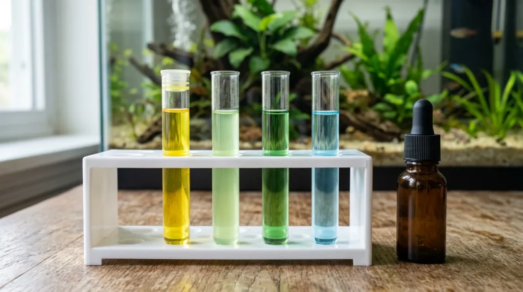 Quatro tubos de teste com a água do aquário em cores diferentes, num suporte branco