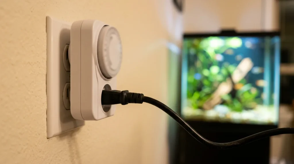 Timer de tomada ligado à luz do aquário, programado para o mesmo horário todo dia