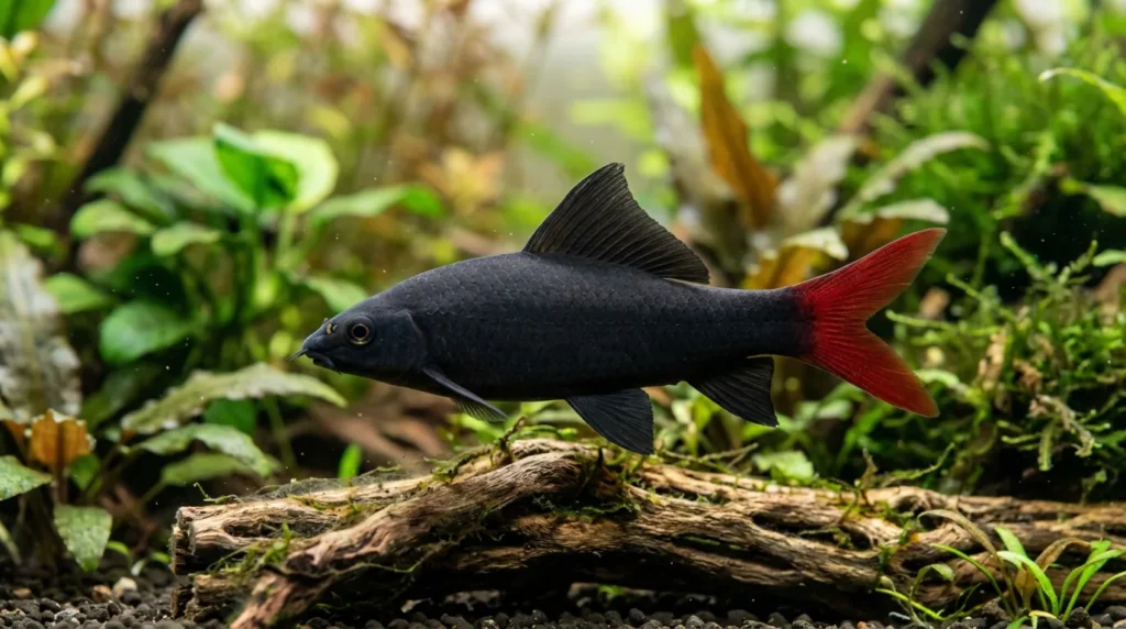 Tubarão-vermelho, de corpo preto e cauda vermelha, sobre um tronco no aquário