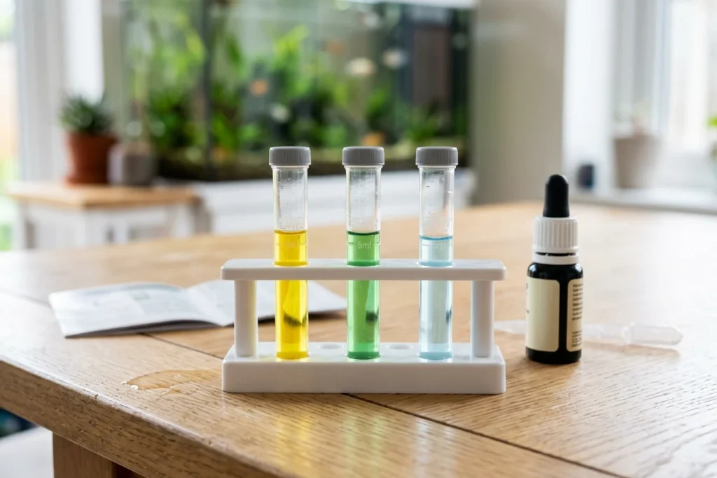 Tubos de teste de água de aquário com resultados em cores diferentes