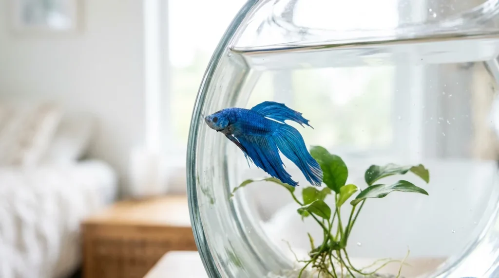 Peixe betta visto através do vidro curvo de um aquário redondo, com a imagem distorcida pela curvatura