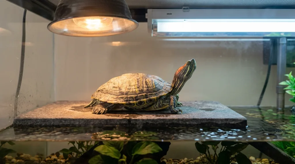 Plataforma seca de aquário com tartaruga fora d'água, sob lâmpada de calor e lâmpada UVB