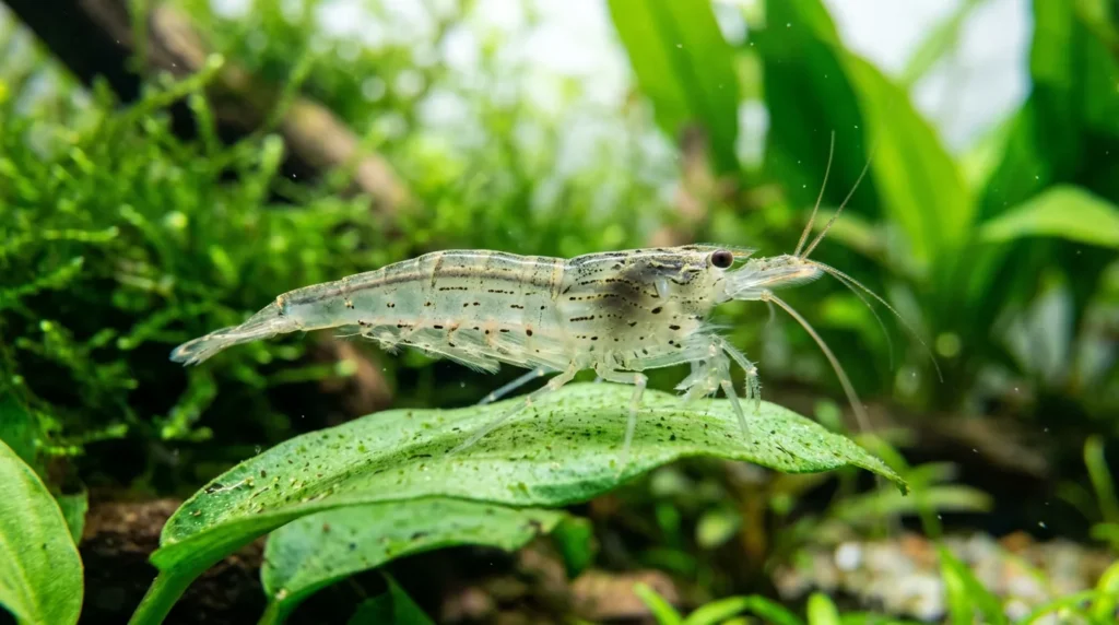 Camarão-amano translúcido de perfil sobre uma folha verde larga dentro do aquário