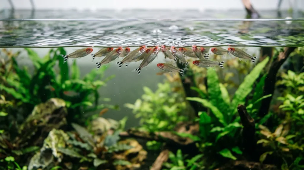 Peixes reunidos junto à superfície do aquário com a boca na linha da água, sinal de falta de oxigênio