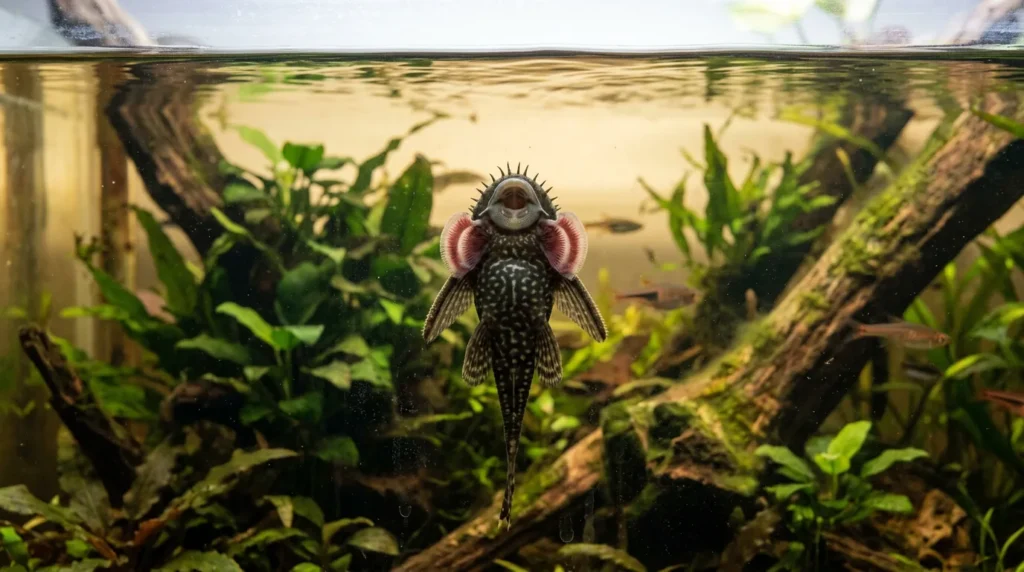Cascudo parado no vidro perto da superfície do aquário, com as brânquias abertas — sinal de falta de oxigênio