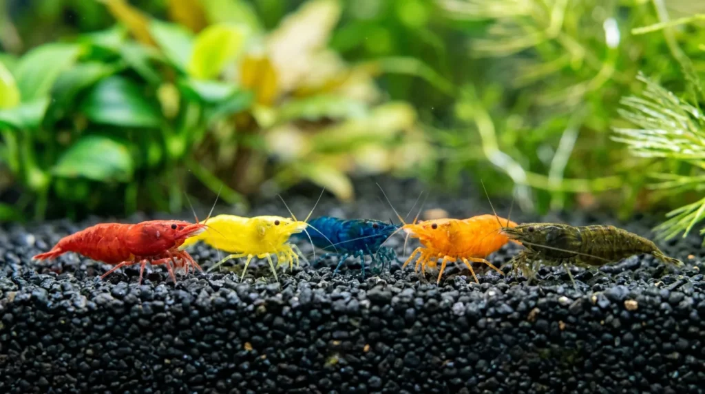 Camarões neocaridina de cores diferentes, vermelho, amarelo, azul, laranja e marrom-esverdeado, sobre substrato escuro