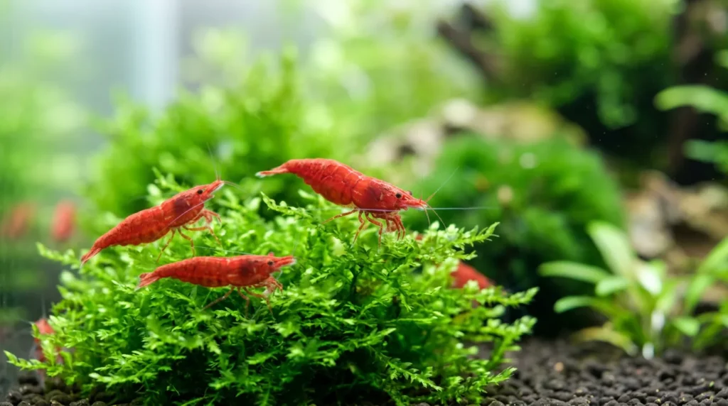 Grupo de camarões-cereja vermelhos sobre um tufo de musgo verde em aquário plantado