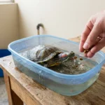 Pessoa alimentando uma tartaruga tigre-d'água num recipiente separado, fora do aquário