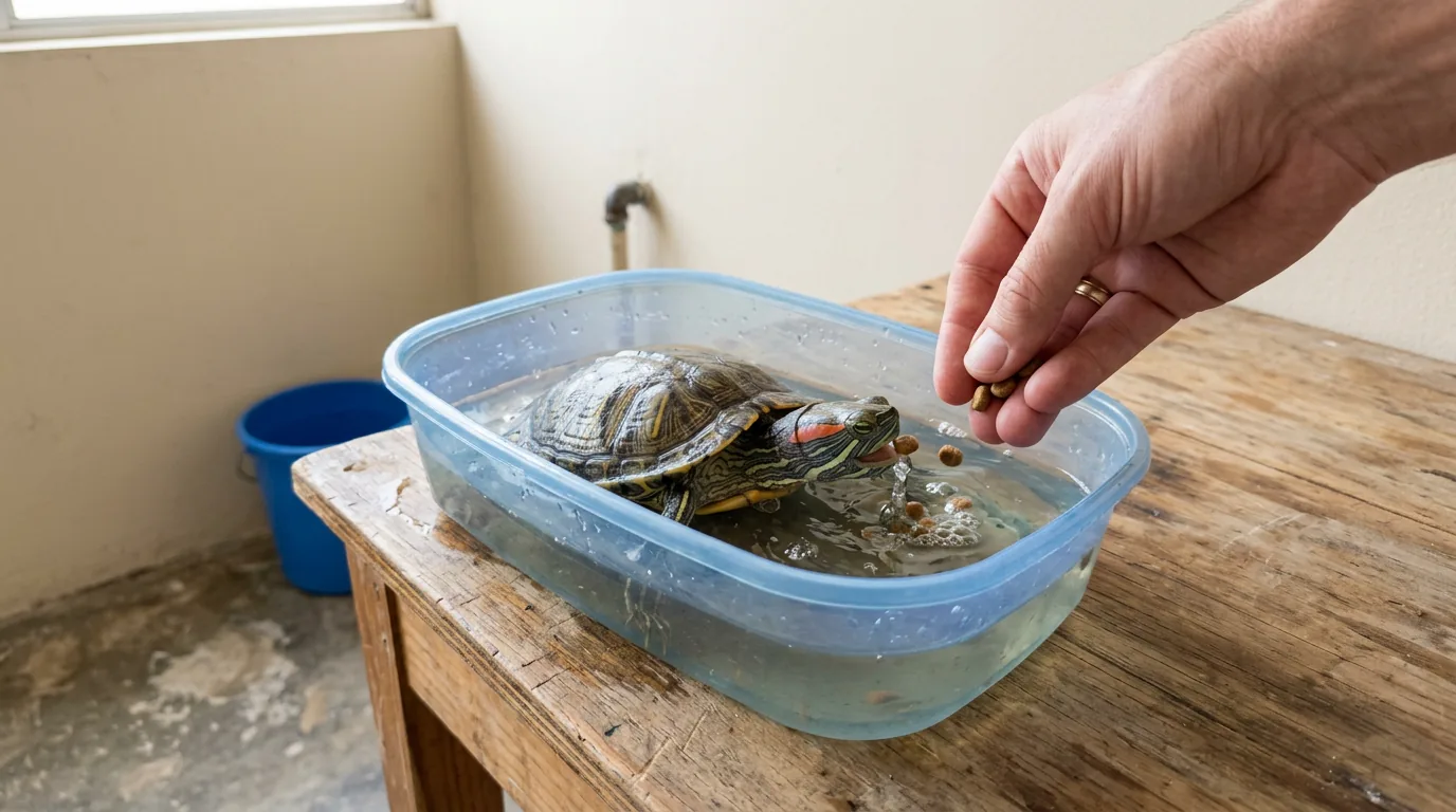 Pessoa alimentando uma tartaruga tigre-d'água num recipiente separado, fora do aquário