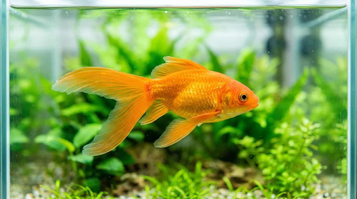 Kinguio laranja de cauda longa nadando de perfil em aquário de água doce bem iluminado