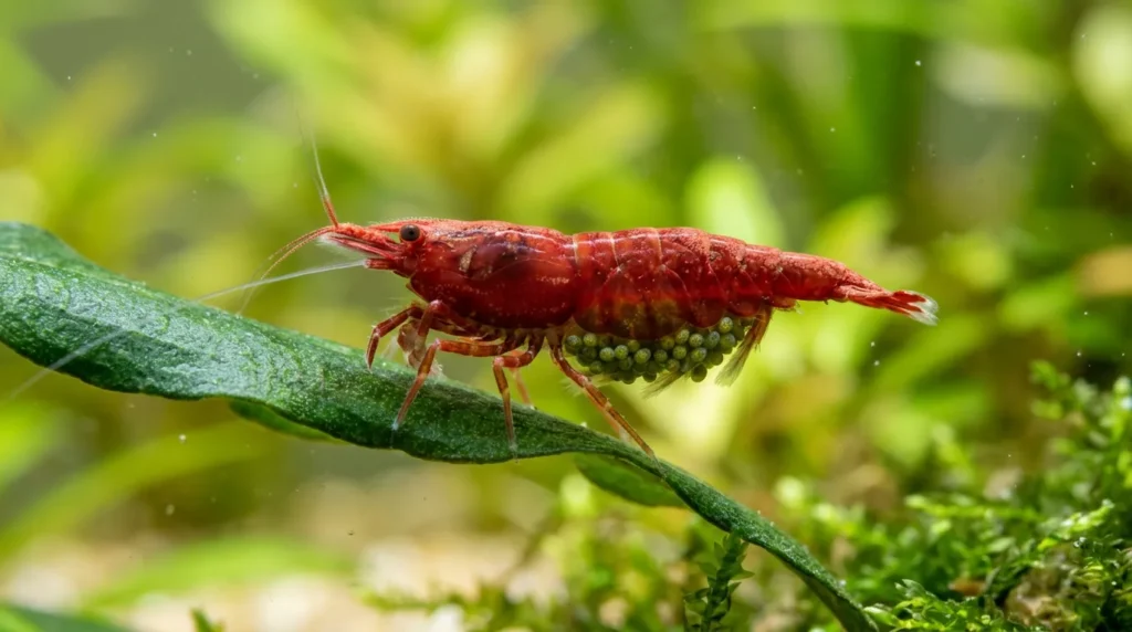 Fêmea de camarão neocaridina com o aglomerado de ovos visível sob o abdome, presa a uma folha