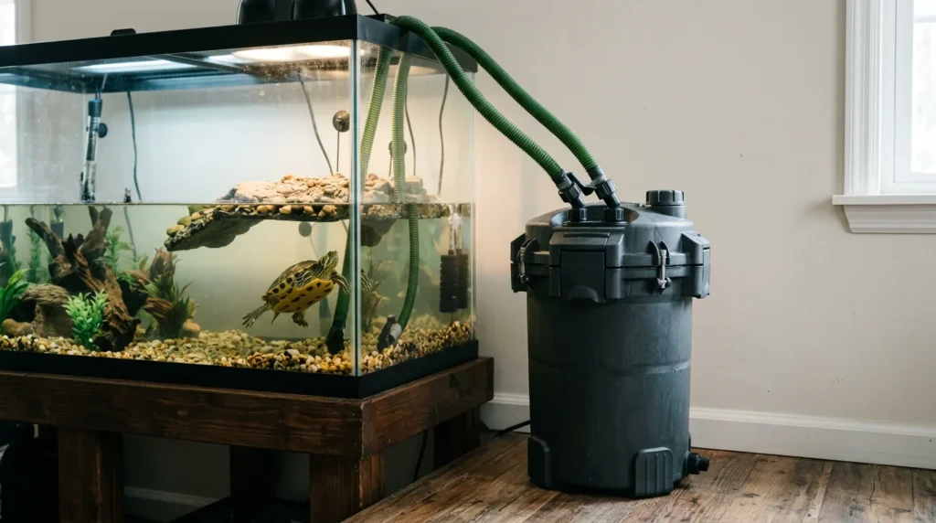 Filtro externo grande instalado ao lado de um tanque de tartaruga, com mangueiras aparentes