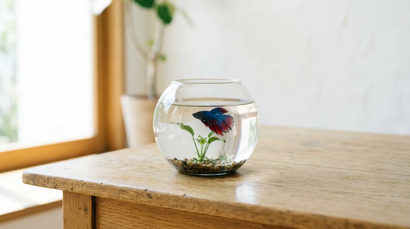 Peixe betta em aquário redondo pequeno sobre uma mesa, formato pouco recomendado