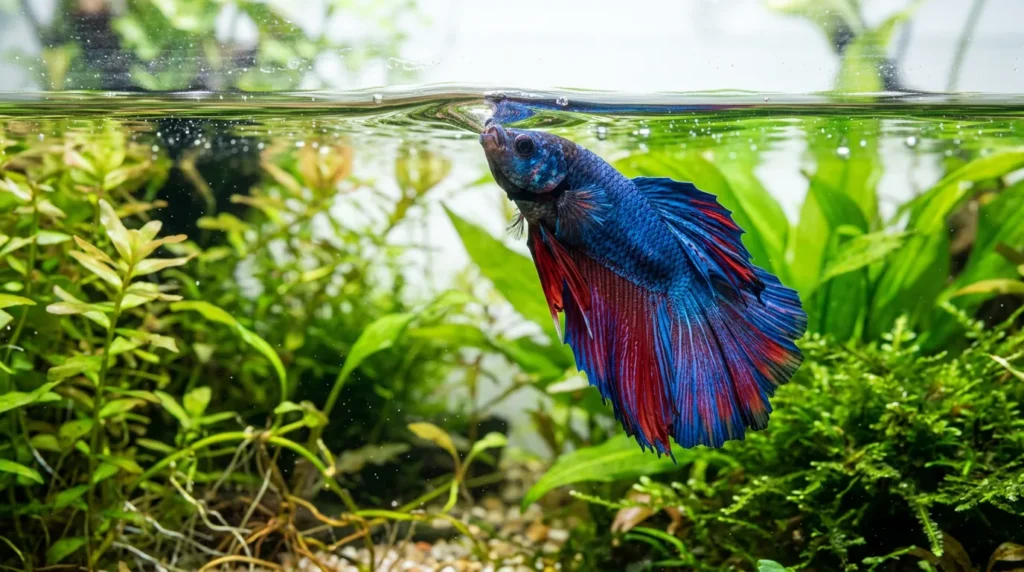 Peixe betta subindo à superfície do aquário para respirar ar