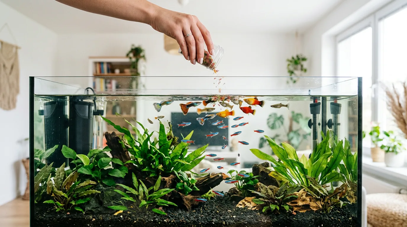 Ração em flocos sendo oferecida a peixes coloridos em aquário retangular plantado