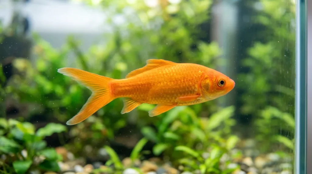 Kinguio laranja de corpo alongado nadando perto do vidro de um aquário claro