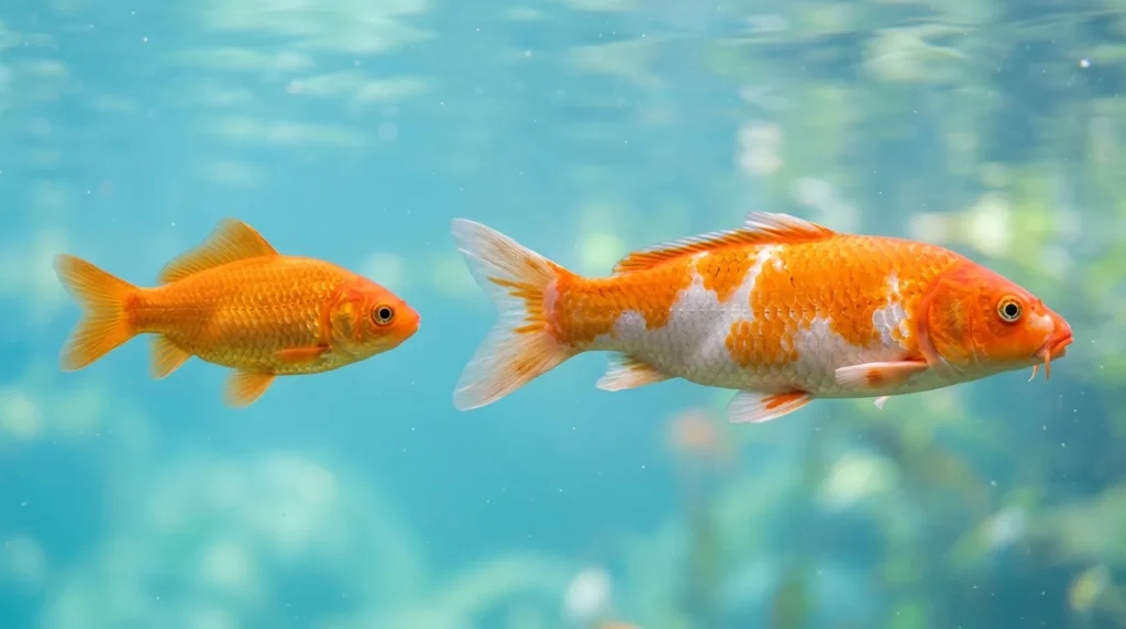 Comparação lado a lado entre um kinguio laranja sem bigodes e uma carpa koi com os barbilhões visíveis na boca