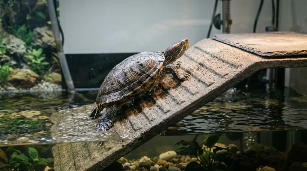 Tartaruga subindo por uma rampa antiderrapante até a plataforma seca do tanque