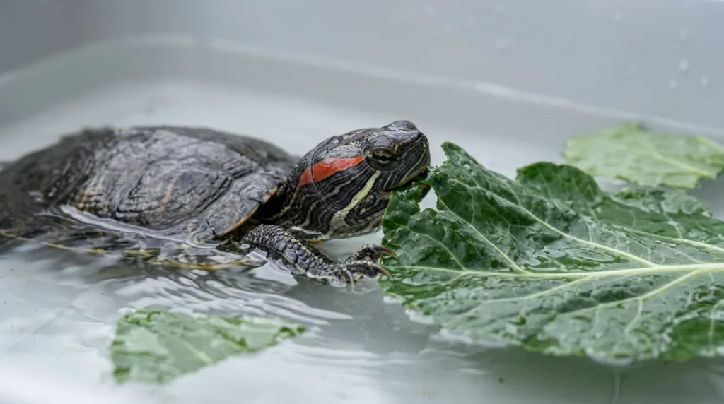 Tartaruga comendo uma folha verde escura dentro de um recipiente com água