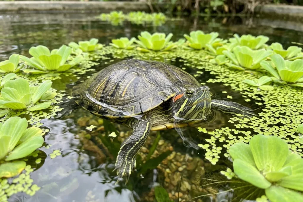 Tartaruga tigre-d'água adulta nadando entre lentilha-d'água e alface-d'água boiando na superfície do tanque