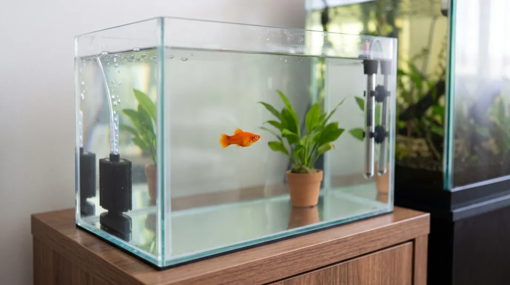 Aquário de quarentena com fundo de vidro nu, filtro de esponja, aquecedor, planta em vaso de barro e um único platy laranja, com um aquário maior desfocado à direita