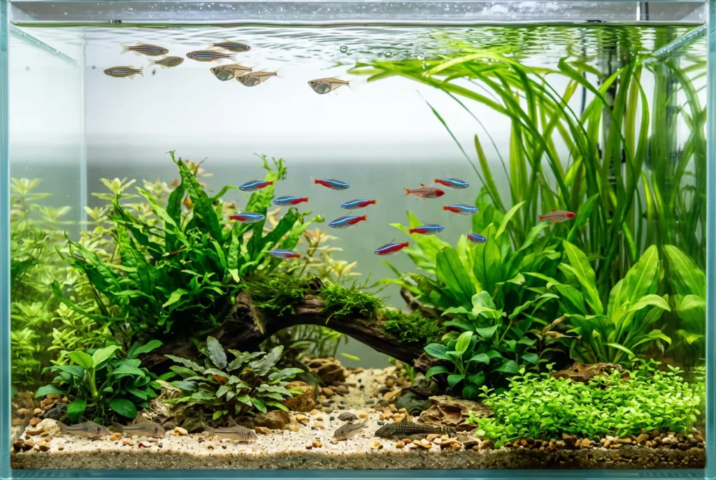 Aquário de água doce equilibrado visto de frente, com peixes pequenos em várias camadas e plantas ao fundo