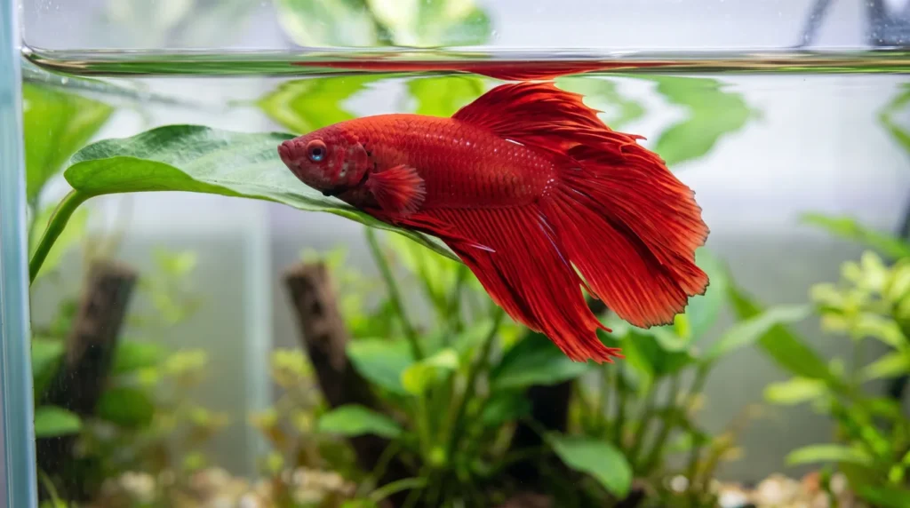 Betta vermelho descansando deitado sobre uma folha larga de planta perto da superfície de um aquário de água doce