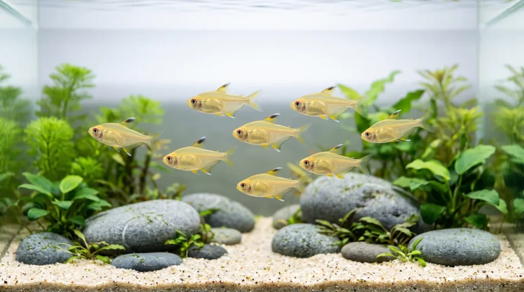 Cardume de tetras saudáveis nadando entre pedras lisas e plantas num aquário de água doce bem iluminado