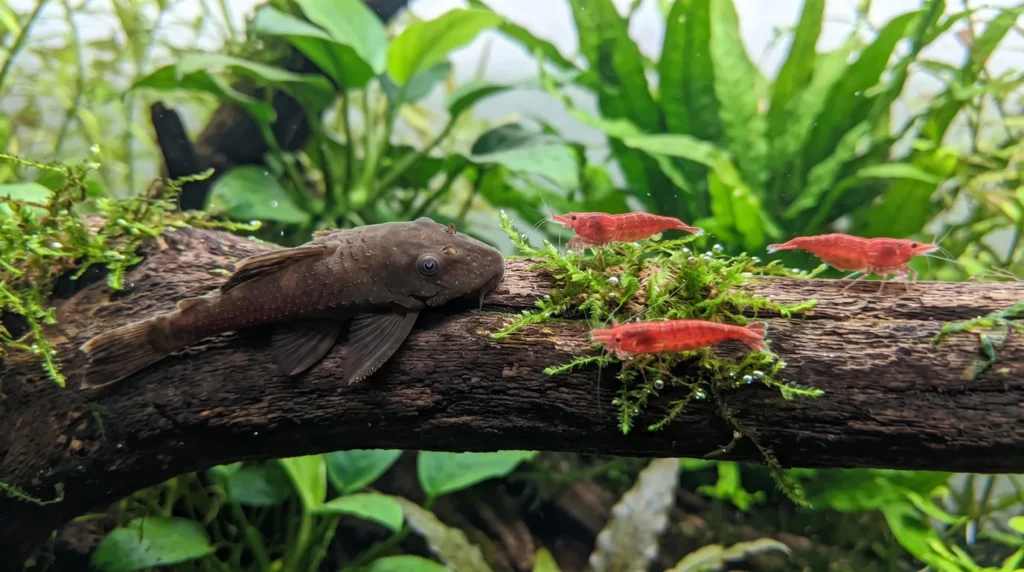 Cascudo ancistrus marrom apoiado num tronco, com três camarões vermelhos de água doce um pouco afastados sobre o musgo, num aquário plantado