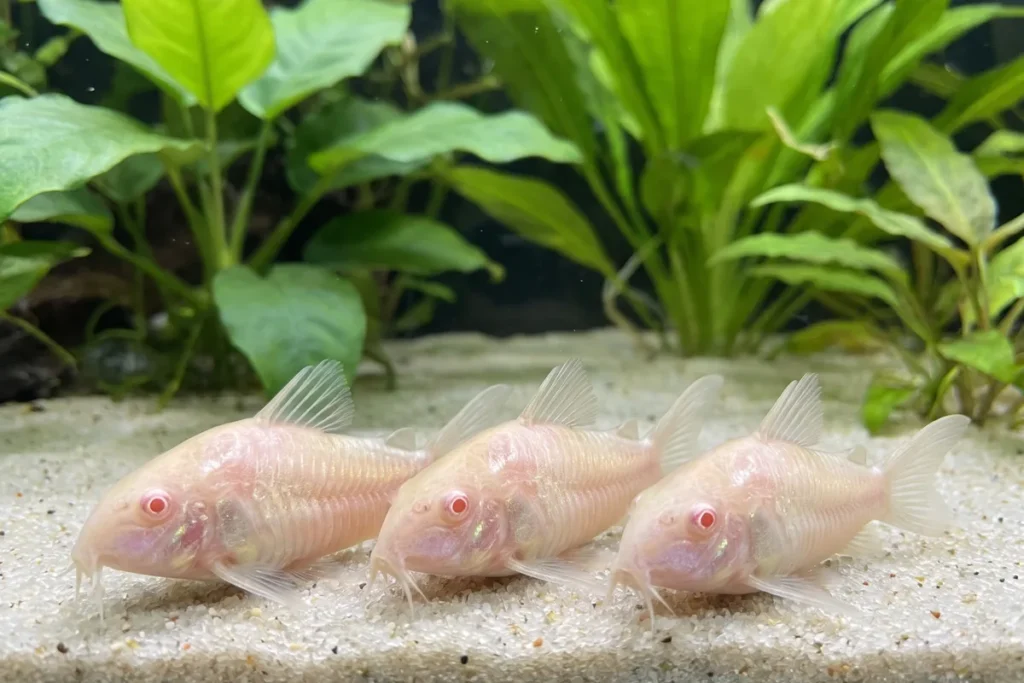 Três coridoras albinas de corpo rosado e olhos vermelhos descansando juntas sobre areia clara num aquário de água doce bem iluminado