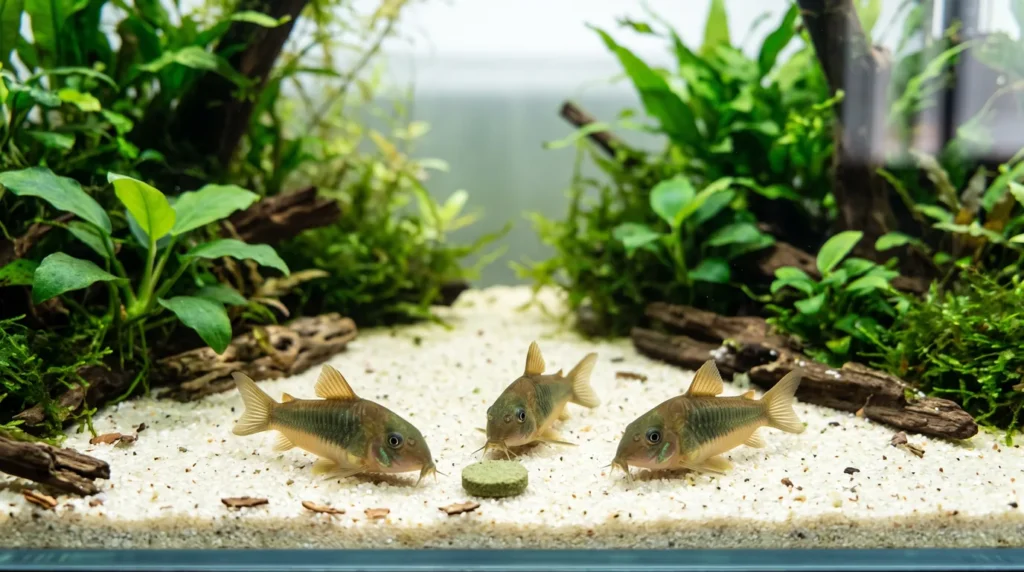 Três coridoras pequenas em volta de uma pastilha verde de ração na areia clara do fundo de um aquário de água doce plantado