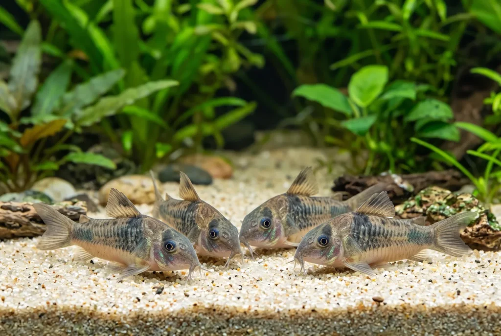Grupo de coridoras procurando comida no substrato de areia clara de um aquário de água doce