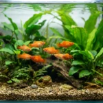 Aquário de água doce bem iluminado com cardume de platies laranja nadando entre plantas verdes