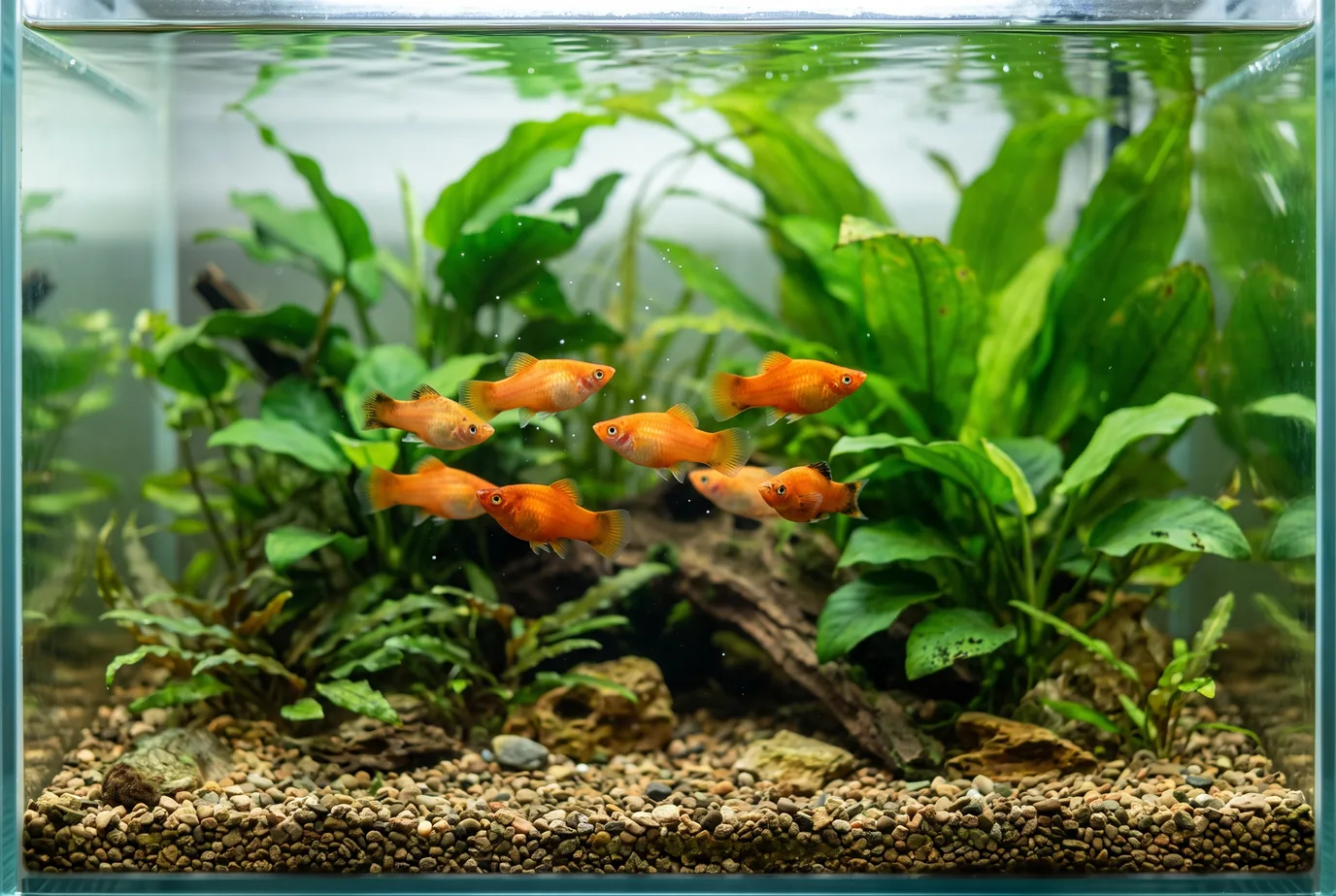 Aquário de água doce bem iluminado com cardume de platies laranja nadando entre plantas verdes