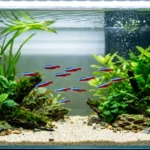 Aquário de água doce plantado e bem iluminado, com um cardume de tetras-neon saudáveis nadando entre plantas verdes