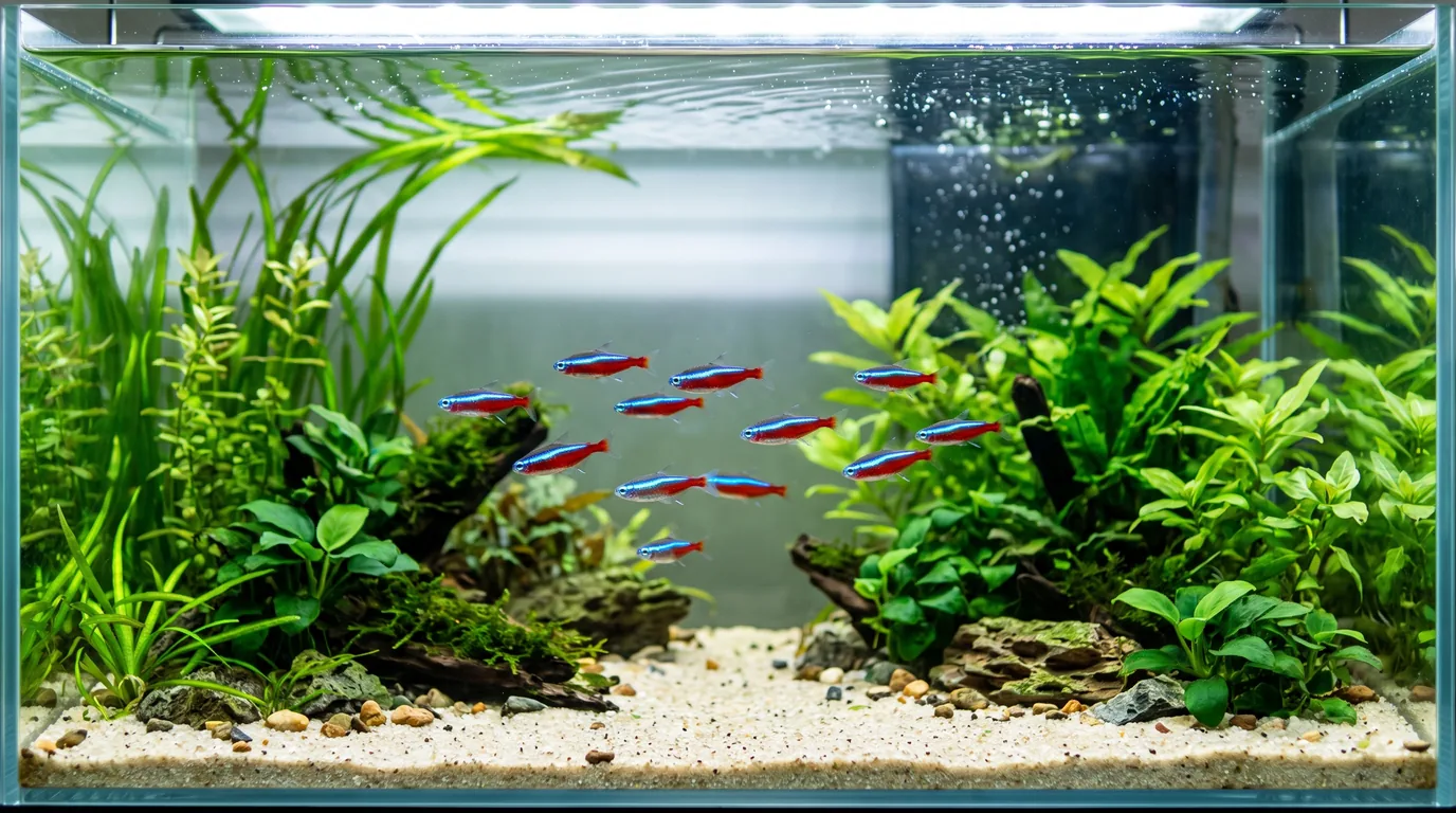 Aquário de água doce plantado e bem iluminado, com um cardume de tetras-neon saudáveis nadando entre plantas verdes