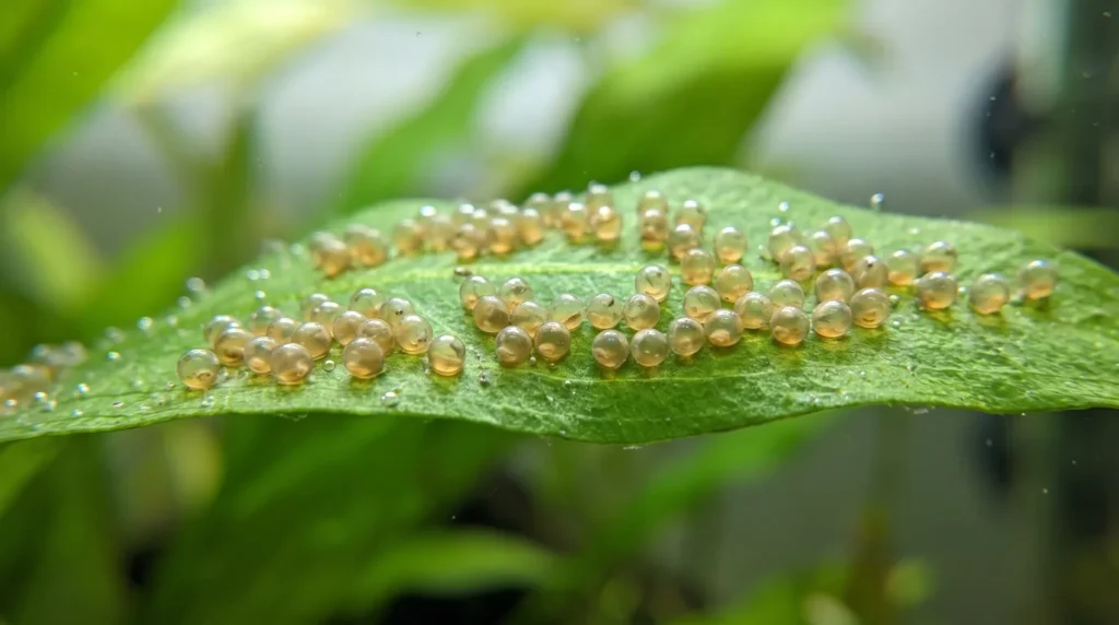 Ovos de peixe translúcidos grudados em fileiras numa folha larga e verde dentro de um aquário de água doce