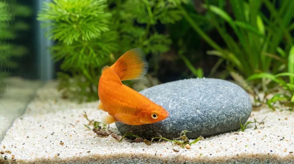 Platy laranja virando o corpo de lado junto a uma pedra lisa no fundo de areia clara de um aquário de água doce
