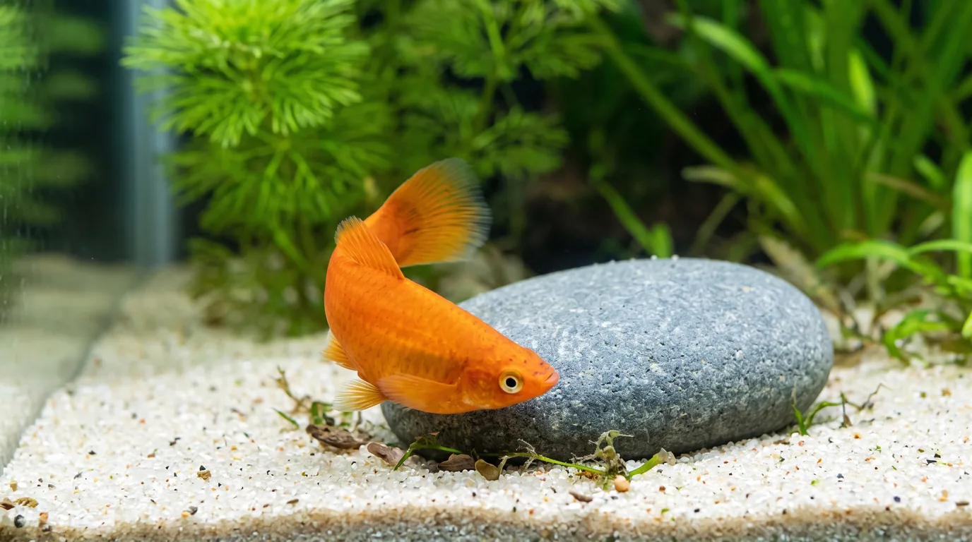 Platy laranja virando o corpo de lado junto a uma pedra lisa no fundo de areia clara de um aquário de água doce