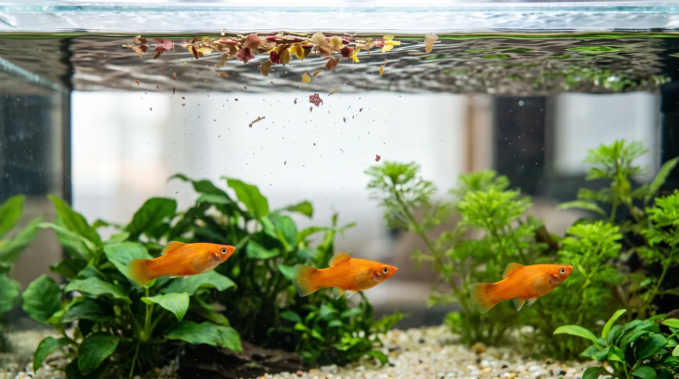 Flocos de ração boiando na superfície de um aquário de água doce enquanto três platys laranja nadam mais abaixo, entre plantas