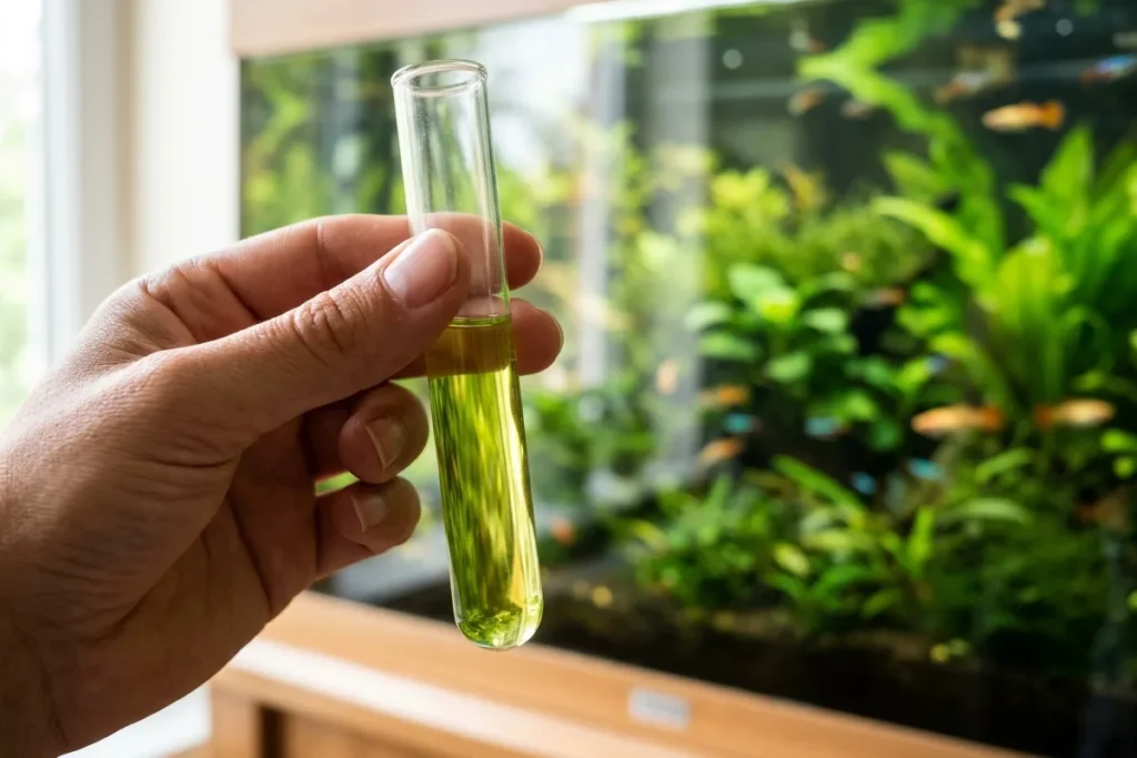 Mão segurando um tubo de teste com líquido verde-amarelado diante de um aquário plantado de água doce desfocado ao fundo