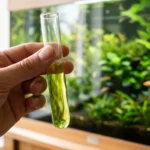 Mão segurando um tubo de teste com líquido verde-amarelado diante de um aquário plantado de água doce desfocado ao fundo