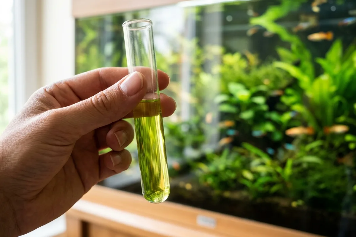 Mão segurando um tubo de teste com líquido verde-amarelado diante de um aquário plantado de água doce desfocado ao fundo