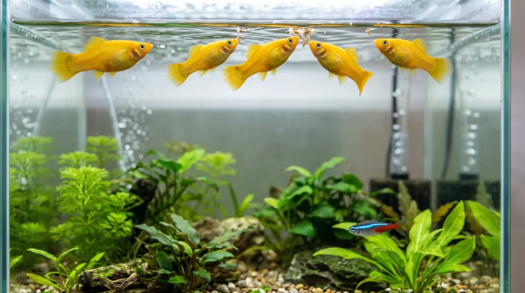 Cinco platys dourados disputando flocos de ração na superfície de um aquário de água doce enquanto um tetra-neon fica afastado embaixo, perto das plantas