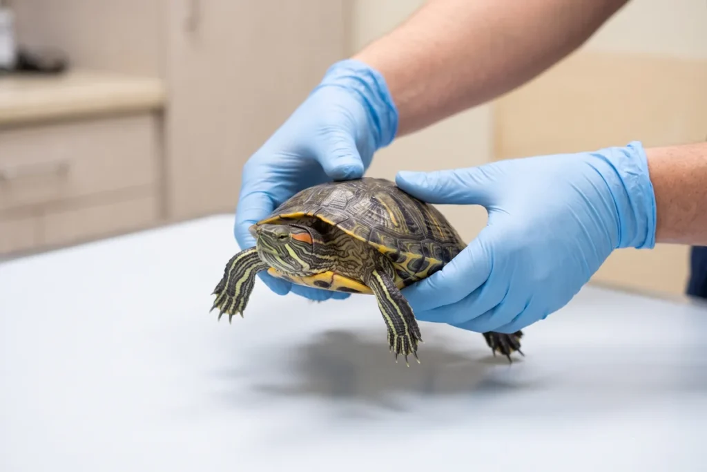 Mãos com luvas de procedimento segurando com cuidado uma tartaruga tigre-d'água sobre a mesa de exame de uma clínica veterinária, rosto da pessoa fora do quadro