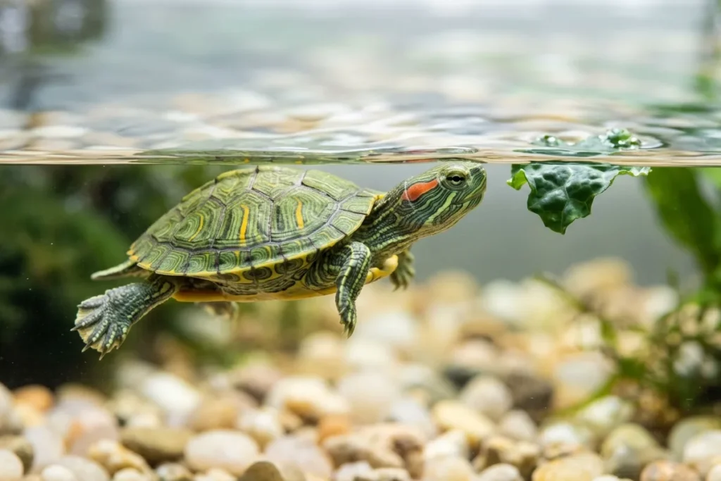 Filhote de tartaruga tigre-d'água nadando perto de um pedaço de folha verde escura boiando na água clara do tanque